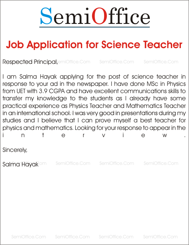 application letter as a biology teacher